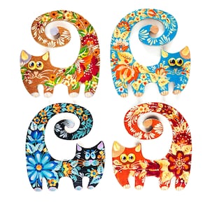 Funny cat refrigerator magnet with Petrykivka painting, Ukrainian hand painted  wooden magnets,  Small gift for cat lover