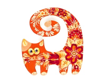 Petrykivka Painting Cat Fridge Magnet, Ukrainian Wooden Ornament