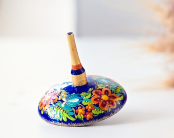 Hand Painted Wooden Spinning Top, Ukrainian Petrykivka Art Fidget Toy