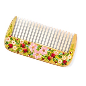 Natural wooden comb with Petrykivka painting, Hand painted Ukrainian souvenir, Birthday gift ideas for women, Ukrainian folk art