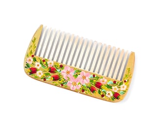 Natural wooden comb with Petrykivka painting, Hand painted Ukrainian souvenir, Birthday gift ideas for women, Ukrainian folk art