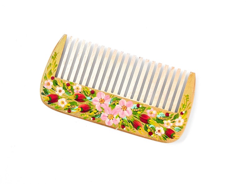 Natural wooden comb with Petrykivka painting, Hand painted Ukrainian souvenir, Birthday gift ideas for women, Ukrainian folk art image 1