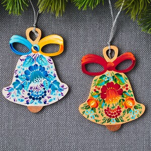 Ukrainian Christmas ornament bells set, Wooden bells with Petrykivka painting, Hand painted gift for folk art lover, Christmas tree decor
