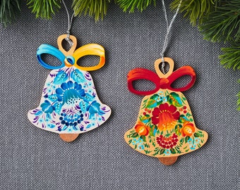 Set di campane di ornamento natalizio ucraino, campane di legno con pittura Petrykivka, regalo dipinto a mano per gli amanti dell'arte popolare, arredamento dell'albero di Natale