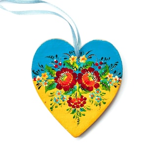 Ukrainian hand painted wooden decor, Ukrainian ornament heart with Petrykivka painting,  Valentines Day gift for couple