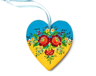 Ukrainian hand painted wooden decor, Ukrainian ornament heart with Petrykivka painting,  Valentines Day gift for couple
