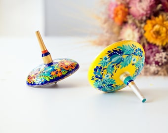 Wooden spinning top, Ukrainian fidget toy with Petrykivka painting, Unique hand painted spinner, Wedding or birthday party favor
