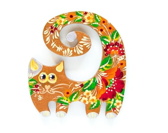 Wooden Cat Magnet, Petrykivka Folk Art, Hand-Painted Ukrainian Souvenir, Cat Lover Gift