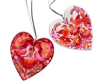 Valentines Day gift for couple, Red hearts set with Petrykivka painting, Ukrainian hand painted wooden ornament