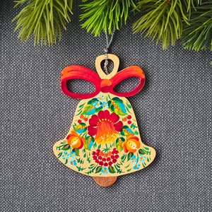 Ukrainian Christmas ornament bell , Wooden bell with Petrykivka painting, Unique hand painted souvenir , Grandparents Christmas gift
