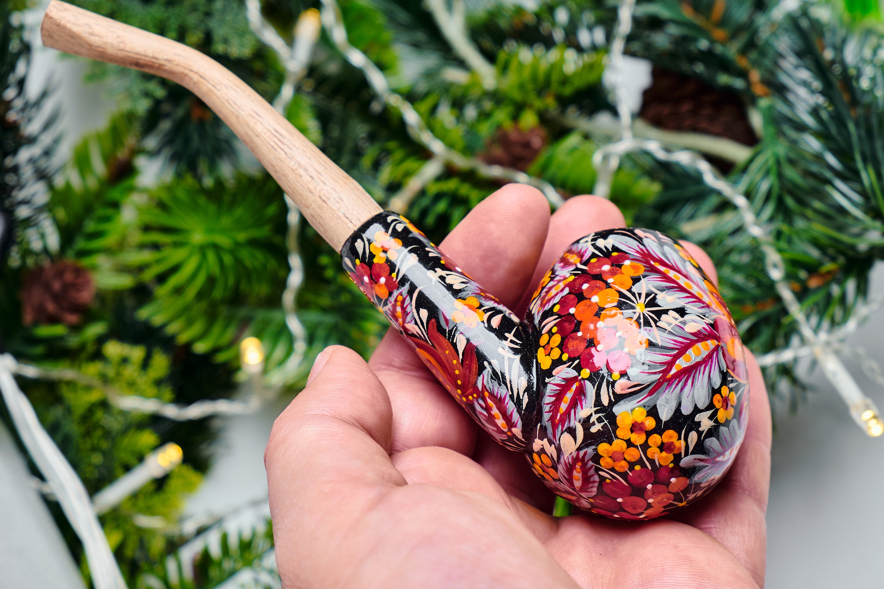 tobacco pipe Flower Smoking Pipe With Petrykivka Painting, Hand Painted Tobacco Pipe,  Unique Ukrainian Gift for Her, Wooden Prop Pipe