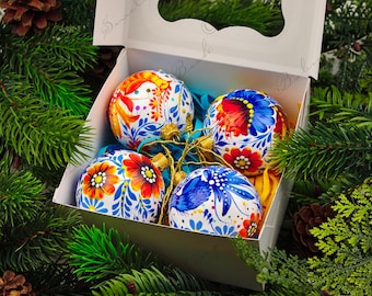 Hand Painted Baubles Set of 4/8 pcs, Christmas Ornaments with Petrykivka Painting, Ukrainian Gift for Folk Art Lover, Fairy Bird Xmas Decor
