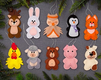 Small felt toys for advent calendar, Christmas ornaments set,  Christmas stocking filler for kids, Funny animal ornaments
