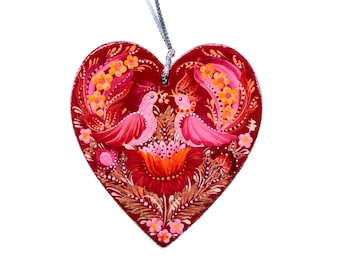 Gift for Mom, Ukrainian Hand Painted Ornament, Red Wooden Heart with Petrykivka Painting, Car Mirror Charm for Women, Christmas Gift Ideas
