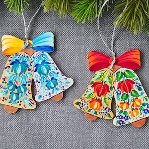 Ukrainian Christmas ornaments set , Wooden bell with Petrykivka painting, Hand painted gift for folk art lover, Christmas tree decor