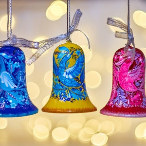 Set of 3 hand painted Christmas ornaments, Ukrainian wooden bell with Petrykivka painting, Personalized gift for folk art lover