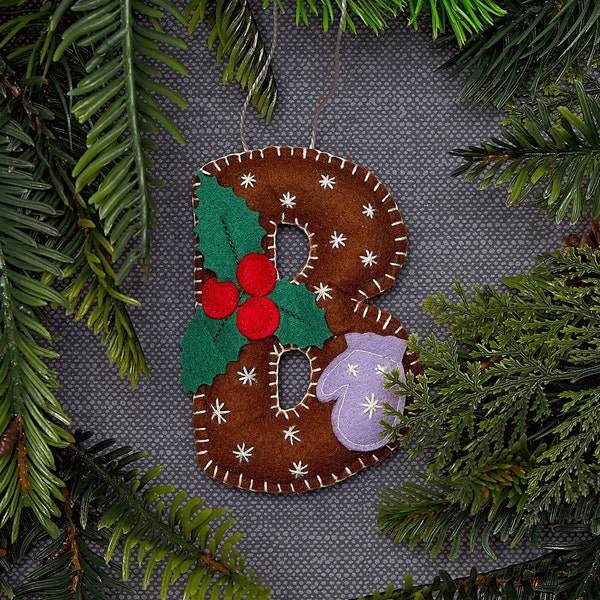 Christmas initial ornaments, Felt letter ornament, Personalised holly ornament,  Christmas in July