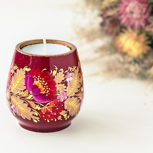 Wooden candle holder with Petrykivka painting, Ukrainian hand painted tea light candle holder, Houswarming gift ideas