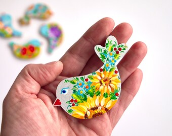 Hand Painted Wooden Bird Magnet, Ukrainian Petrykivka Sunflower Decor