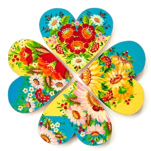Heart shaped fridge magnet with Petrykivka painting, Ukrainian hand painted wooden hearts set, Couple gift for Valentines Day