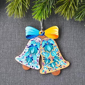 Ukrainian Christmas ornament bell, Wooden bell with Petrykivka painting, Hand painted gift for folk art lover, Christmas tree decoration