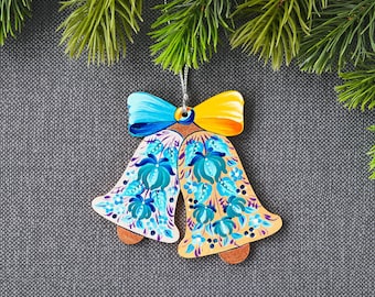 Ręcznie malowana ukraińska ozdoba świąteczna w kształcie dzwonka, Petrykivka Folk Art