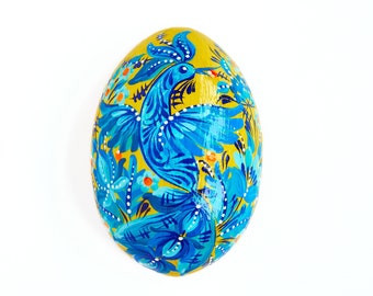 Ukrainian Easter egg with Petrykivka painting, Hand painted fridge magnet, Ukrainian wooden decor, Easter basket stuffer, Blue yellow gift