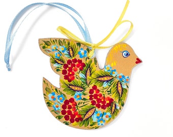 Christmas ornament bird with Petrykivka painting, Ukrainian  hand painted wooden ornament , Handmade gift for Ukrainian folk art lover