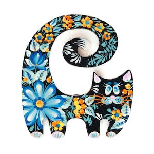 Black cat fridge magnet with Petrykivka painting, Ukrainian hand painted wooden magnet, Small gift for folk art lover, Gifts for dad