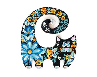 Hand Painted Wooden Black Cat Fridge Magnet, Petrykivka Folk Art Souvenir