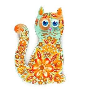 Cat fridge magnet with Petrykivka painting, Ukrainian hand painted wooden magnets,  Small Christmas gift for folk art lover