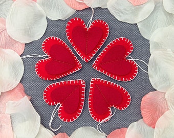 Felt small hearts set of 5, Hanging embroidered hearts, Christmas tree decor