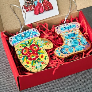 Ukrainian Christmas ornaments set, Wooden decor with Petrykivka painting, Unique holiday gift, Folk art, Xmas tree hand painted decor