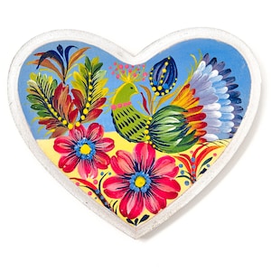 Fridge magnet heart with Petrykivka painting, Ukrainian hand painted wooden decor, Cute gift for Ukrainian folk art lover, Petrykivka art