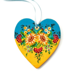 Ukrainian ornament heart with Petrykivka painting, Ukrainian traditional hand painted wooden decor, Cute Christmas tree decoration
