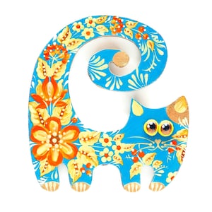 Funny cat fridge magnet with Petrykivka painting, Ukrainian hand painted wooden magnets,  Small Easter gift for cat lover