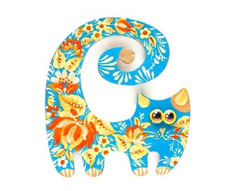Funny Cat Fridge Magnet with Petrykivka Painting, Ukrainian Hand Painted Gift for Folk Art Lover