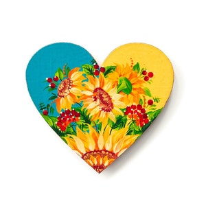 Heart shaped fridge magnet with Petrykivka painting, Ukrainian hand painted wooden hearts set, Couple gift for Valentines Day