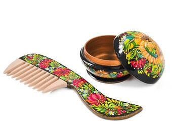 Wooden Jewelry Box and Comb, Ukrainian Folk Art, Petrykivka Painting