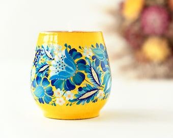 Ukrainian Hand Painted Tea Light Candle Holder, Wooden Decor with Petrykivka Painting
