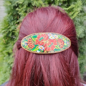 Ukrainian hand painted hair barrette,  Wooden accessory for hair , Hair clip with Petrykivka painting, Gift for sister, mother, girlfriend