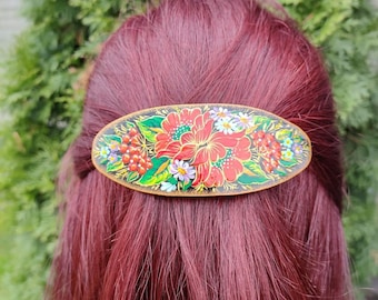 Ukrainian Floral Hair Barrette, Petrykivka Painting, Wooden Hair Clip
