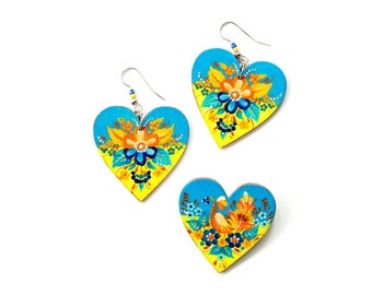 Hand-Painted Petrykivka Heart Earrings and Brooch Set, Ukrainian Folk Art