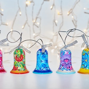 Ukrainian Christmas bell ornaments set, Personalized wooden decor with Petrykivka painting, Unique hand painted gift for folk art lover