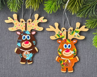 Ukrainian Christmas ornament, Wooden ornaments with Petrykivka painting, Funny reindeer figurine decor, Gift for folk art lover