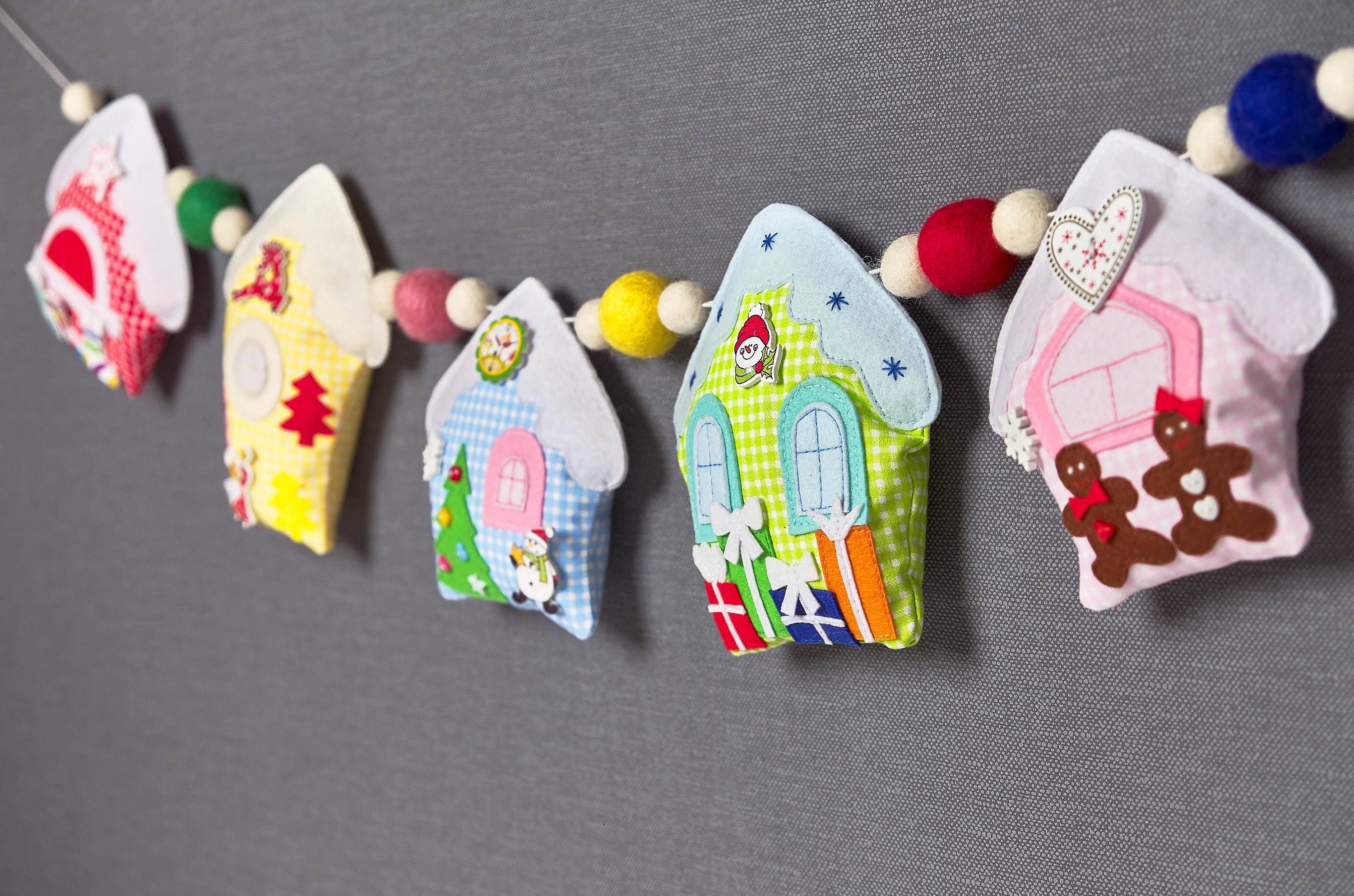 Fabric gingerbread house garland Christmas pom pom garland Etsy