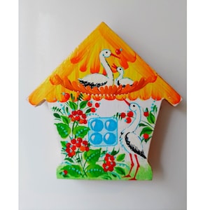 Fridge magnet with Petrykivka painting, Hand painted wooden ornament with Ukrainian house, Ukrainian folk art