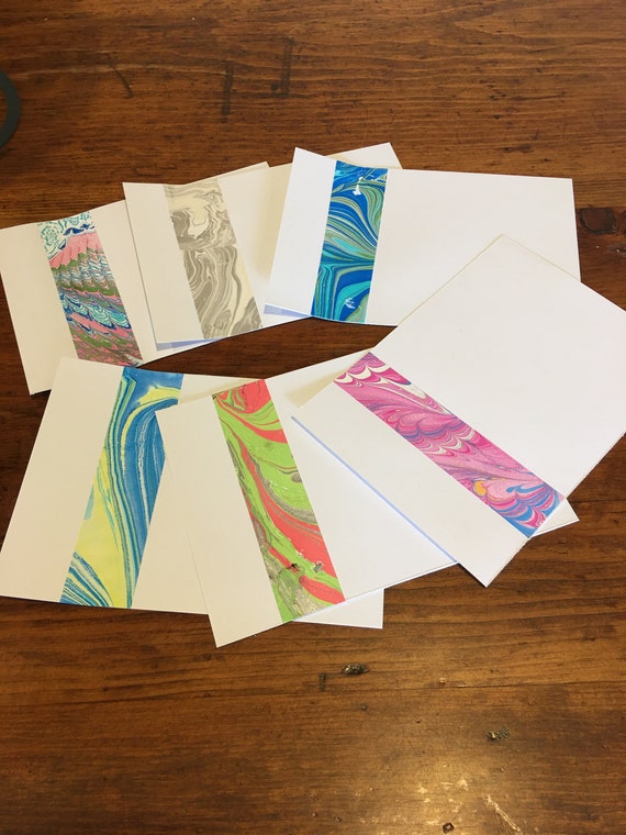 Set of 6 Notecards hand marbled paper decorative edging
