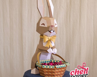 Rabbit, Low poly animal, Paper Rabbit, Glasses, Overalls, Suspender, Easter, Basket, candy, Scooter, Basket, CuteAnimals, PaperBasket