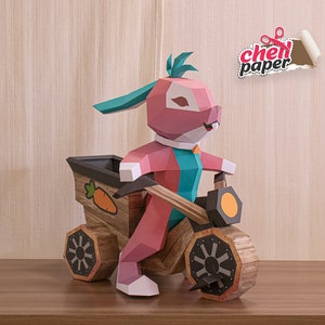 Bunny pink, pink rabbit, origami rabbit, cute rabbit, blue rabbit, handmade rabbit, origami, sculpture tricycle, motocycle